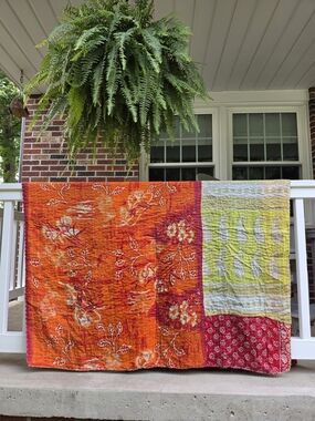 Kantha Quilt Recycled Indian Sari Fabric Cotton Blanket Handstitched  86x52
